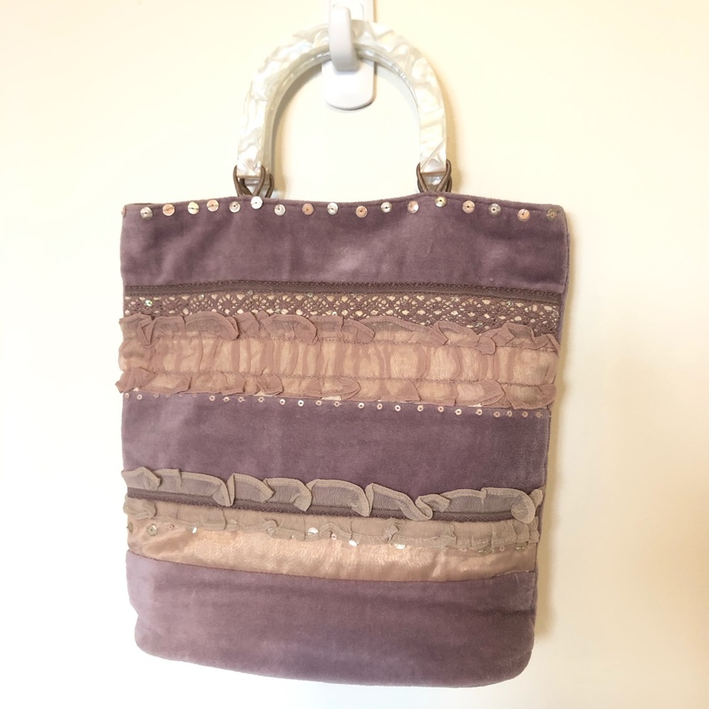 Velvet Handbag with Acrylic Handles, Lace, Sequins